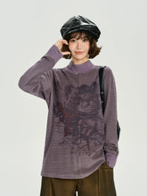 Girlyhalo美式复古印花小高领条纹长袖t恤女秋新款设计感宽松上衣