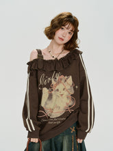 Girlyhalo美式复古荷叶边斜肩卫衣女秋季新款设计感甜酷宽松上衣