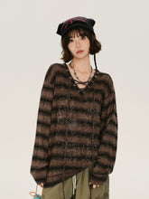 Girlyhalo美式复古印花v领条纹长袖t恤女秋季新款设计感宽松上衣