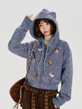 Girlyhalo美式复古扎染刺绣连帽卫衣外套女秋季新款短款宽松上衣