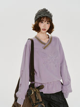 Girlyhalo美式复古刺绣v领设计感长袖卫衣女秋季新款捏褶宽松上衣