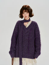 Girlyhalo美式复古假两件麻花v领毛衣女冬季新款加厚保暖宽松上衣