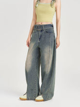 Girlyhalo美式复古水洗阔腿牛仔裤女春秋新款喷马骝配腰带弯刀裤