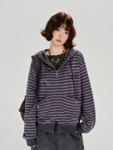 Girlyhalo美式复古刺绣条纹连帽外套女秋冬季设计感口袋宽松上衣