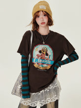 Girlyhalo美式复古假两件圆领长袖t恤女秋季新款撞色条纹宽松上衣