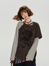 Girlyhalo美式复古假两件印花长袖t恤女秋季新款设计感宽松上衣