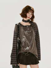 Girlyhalo美式复古条纹拼接刺绣长袖t恤女秋季新款毛绒宽松上衣