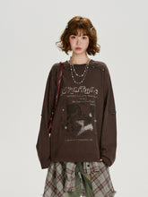 Girlyhalo美式复古印花打钉长袖t恤女秋季新款小众设计感宽松上衣