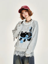 Girlyhalo美式复古下摆蕾丝花边套头圆领卫衣女秋季新款宽松上衣