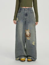 Girlyhalo美式复古水洗刺绣牛仔裤女秋季新款设计感宽松阔腿长裤