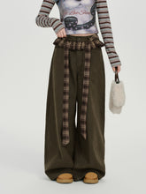 Giryhalo美式复古格子花边拼接直筒休闲阔腿裤女秋季新款宽松长裤