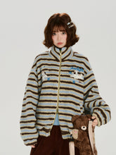 Girlyhalo美式复古毛绒条纹立领厚外套女冬新款加厚保暖宽松上衣