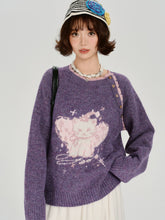 Girlyhalo美式复古卡通提花花边圆领毛衣女秋冬新款加厚宽松上衣