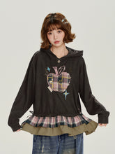 Girlyhalo美式复古贴布绣连帽卫衣女秋季新款格纹假两件宽松上衣