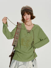 Girlyhalo美式复古v领系带长袖t恤女秋季新款甜酷设计感宽松上衣