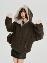 Girlyhalo美式复古连帽外套女冬季新款毛毛绗棉加厚保暖宽松上衣