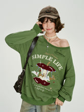 Girlyhalo美式复古毛巾绣破洞斜肩卫衣女秋季新款设计感宽松上衣