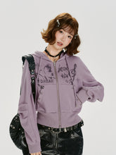 Girlyhalo美式复古印花捏褶连帽卫衣外套女秋季新款短款宽松上衣