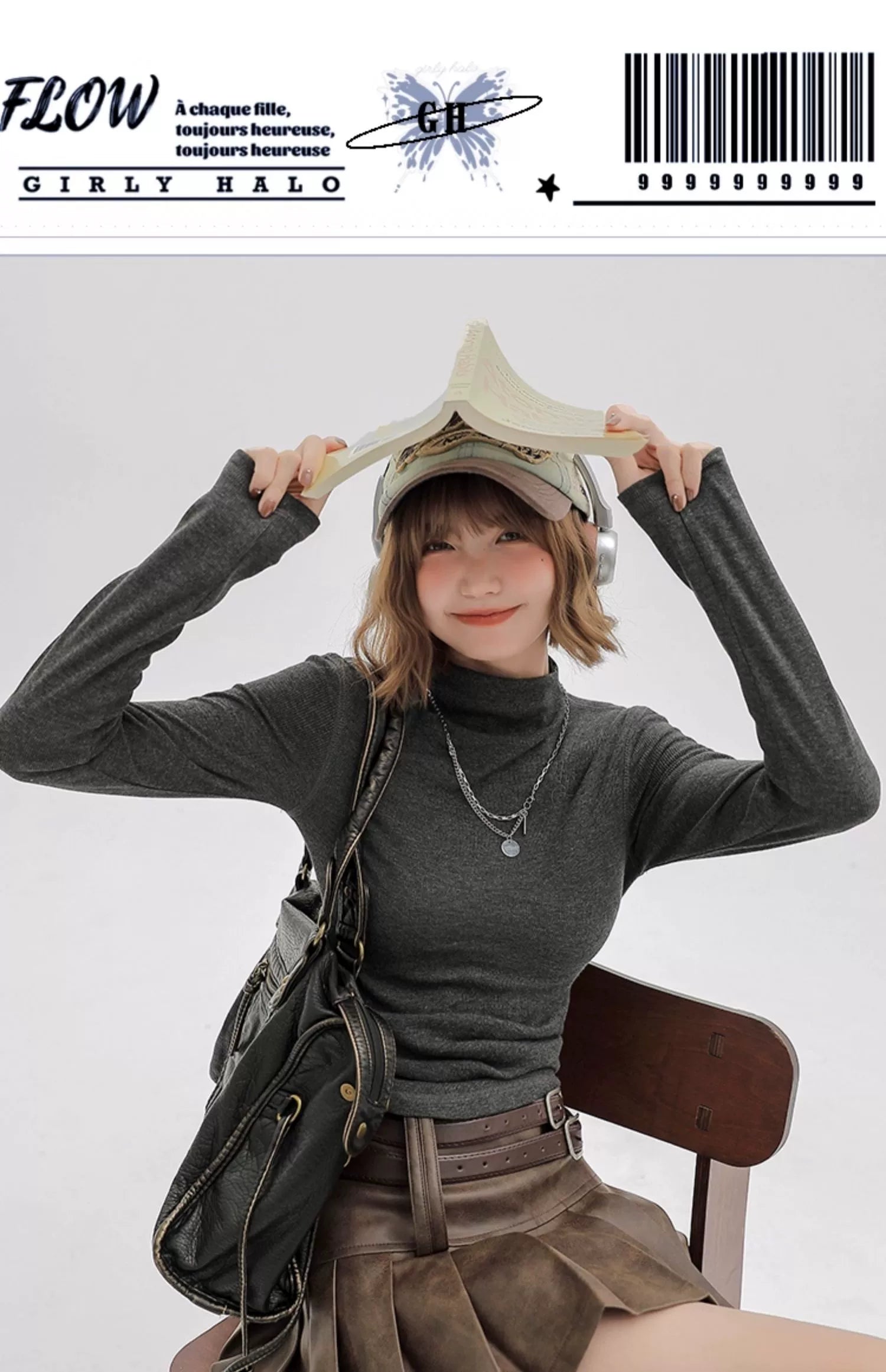 Girlyhalo美式休闲内搭灰色长袖t恤女秋季修身褶皱半高领打底上衣