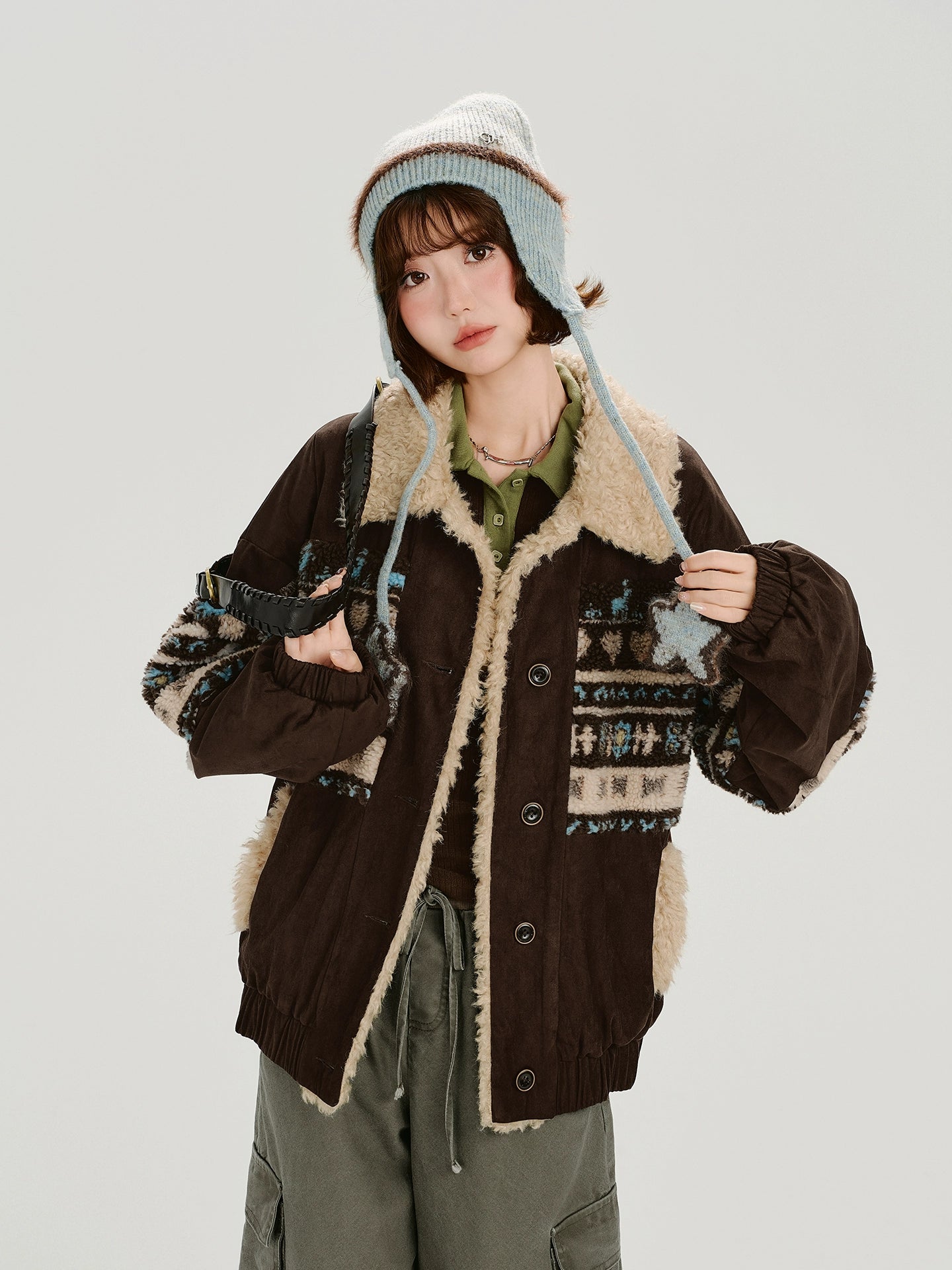 Girlyhalo美式复古撞色翻领外套女冬新款设计感加绒保暖宽松上衣