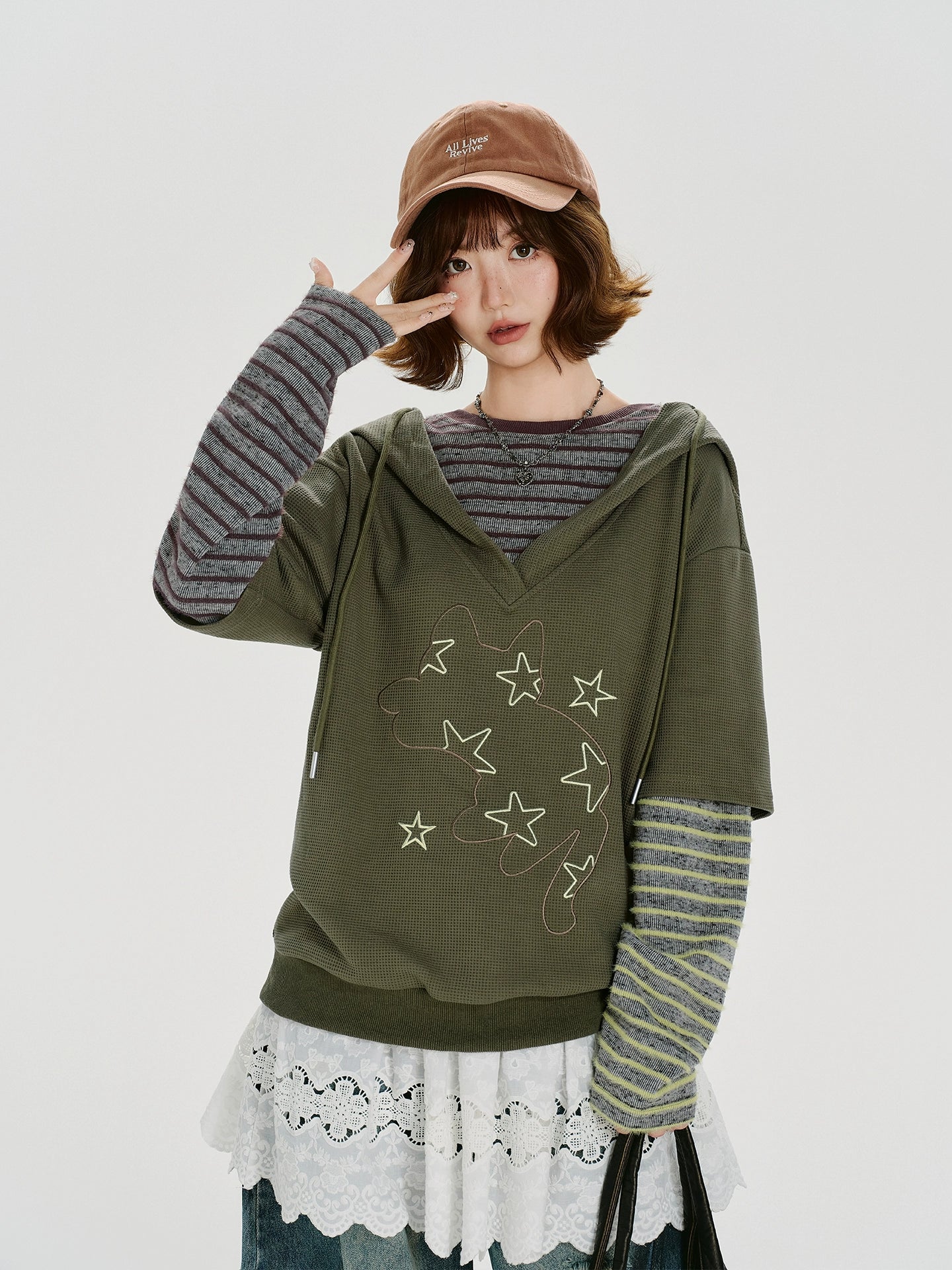 Girlyhalo美式复古条纹假两件连帽卫衣女秋季新款设计感宽松上衣