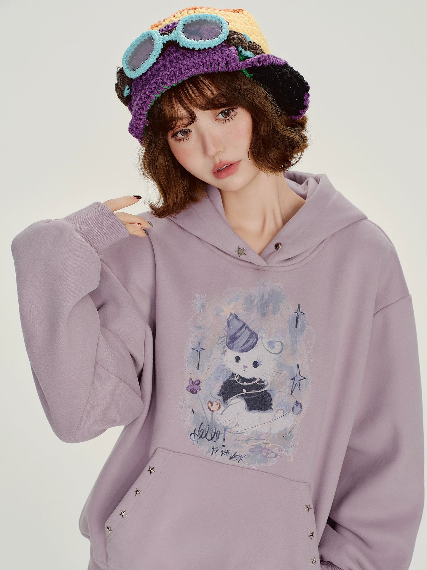 Girlyhalo美式复古印花连帽卫衣女冬季新款加绒保暖慵懒宽松上衣