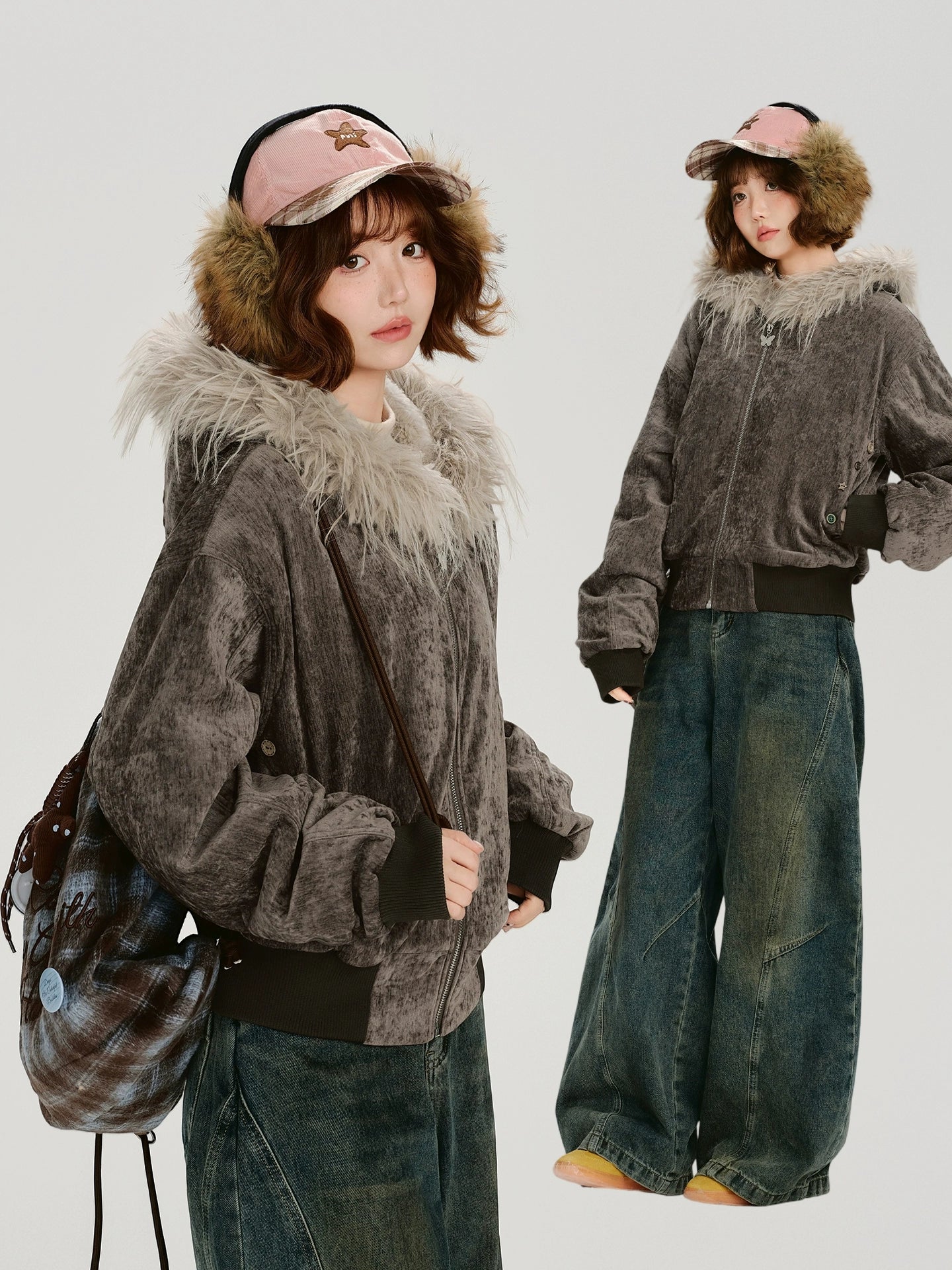 Girlyhalo美式复古连帽毛领绒感外套女冬季新款加厚保暖宽松上衣