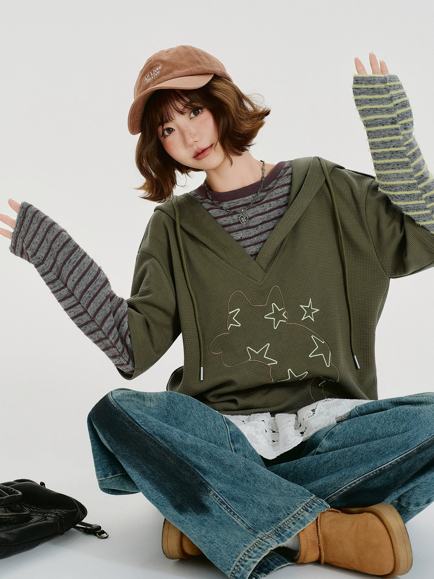 Girlyhalo美式复古条纹假两件连帽卫衣女秋季新款设计感宽松上衣