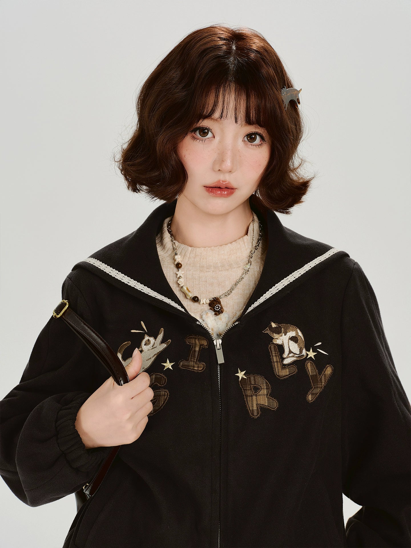 Girlyhalo美式复古刺绣海军领外套女秋冬新款双开拉链宽松上衣