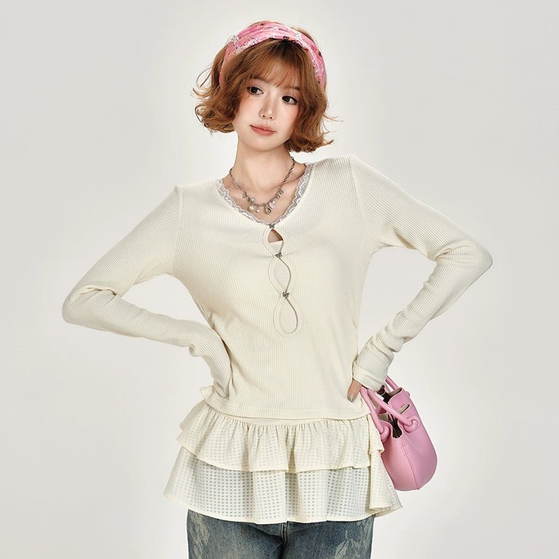 Girlyhalo吊带打底衫套装女春秋新款荷叶拼接修身显瘦两件套上衣