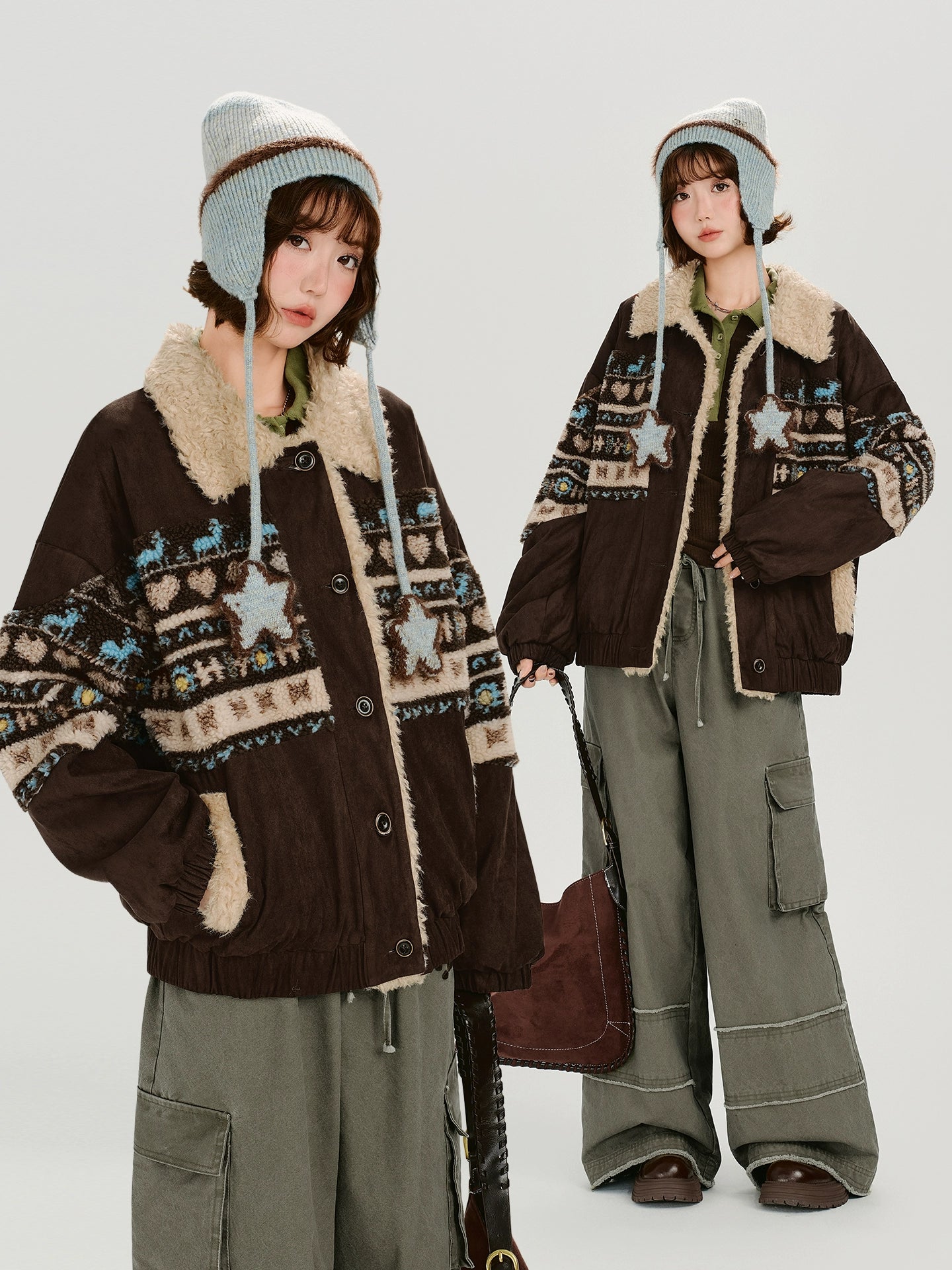 Girlyhalo美式复古撞色翻领外套女冬新款设计感加绒保暖宽松上衣