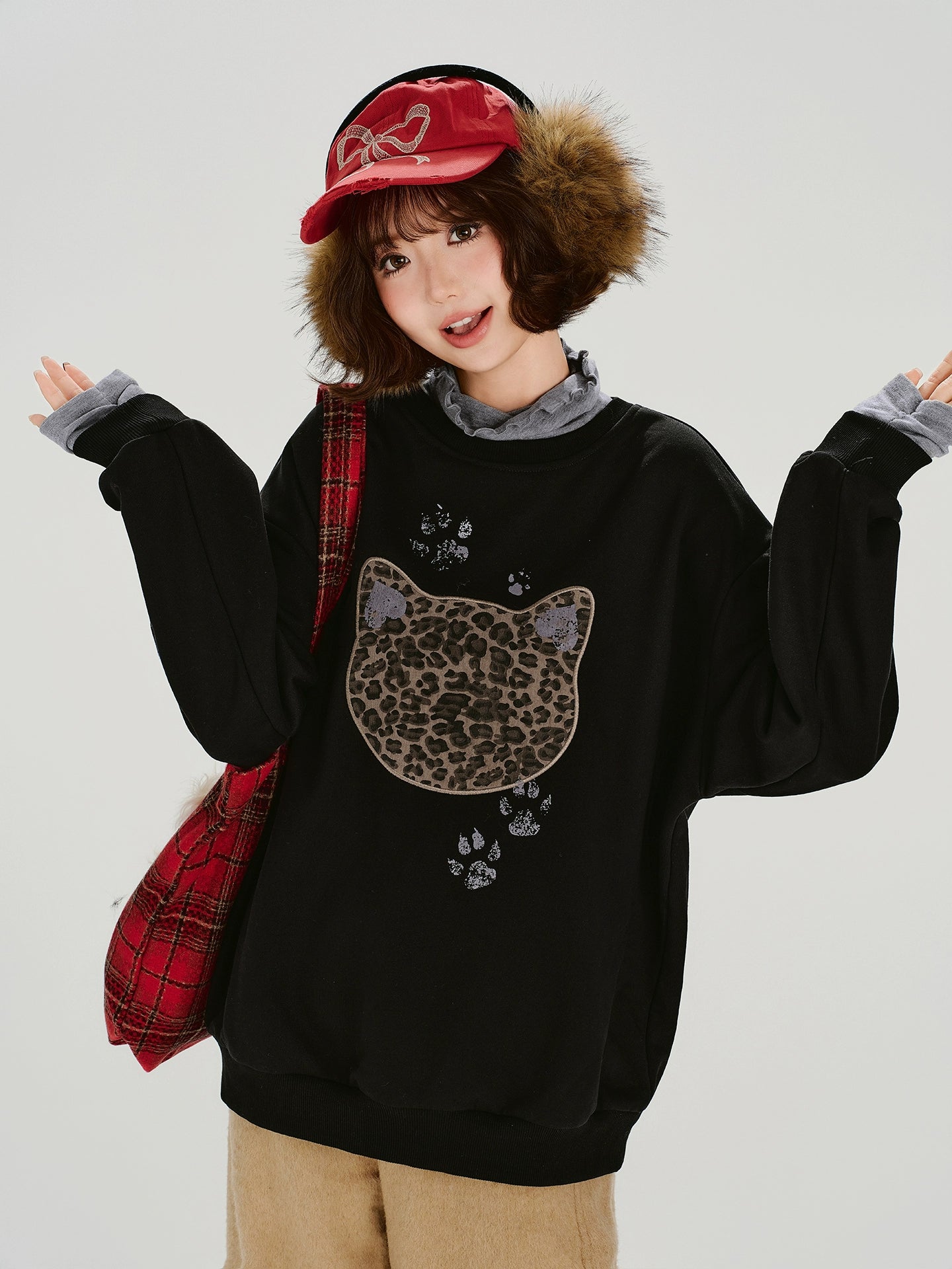 Girlyhalo美式复古刺绣假两件圆领卫衣女秋冬新款加绒宽松上衣