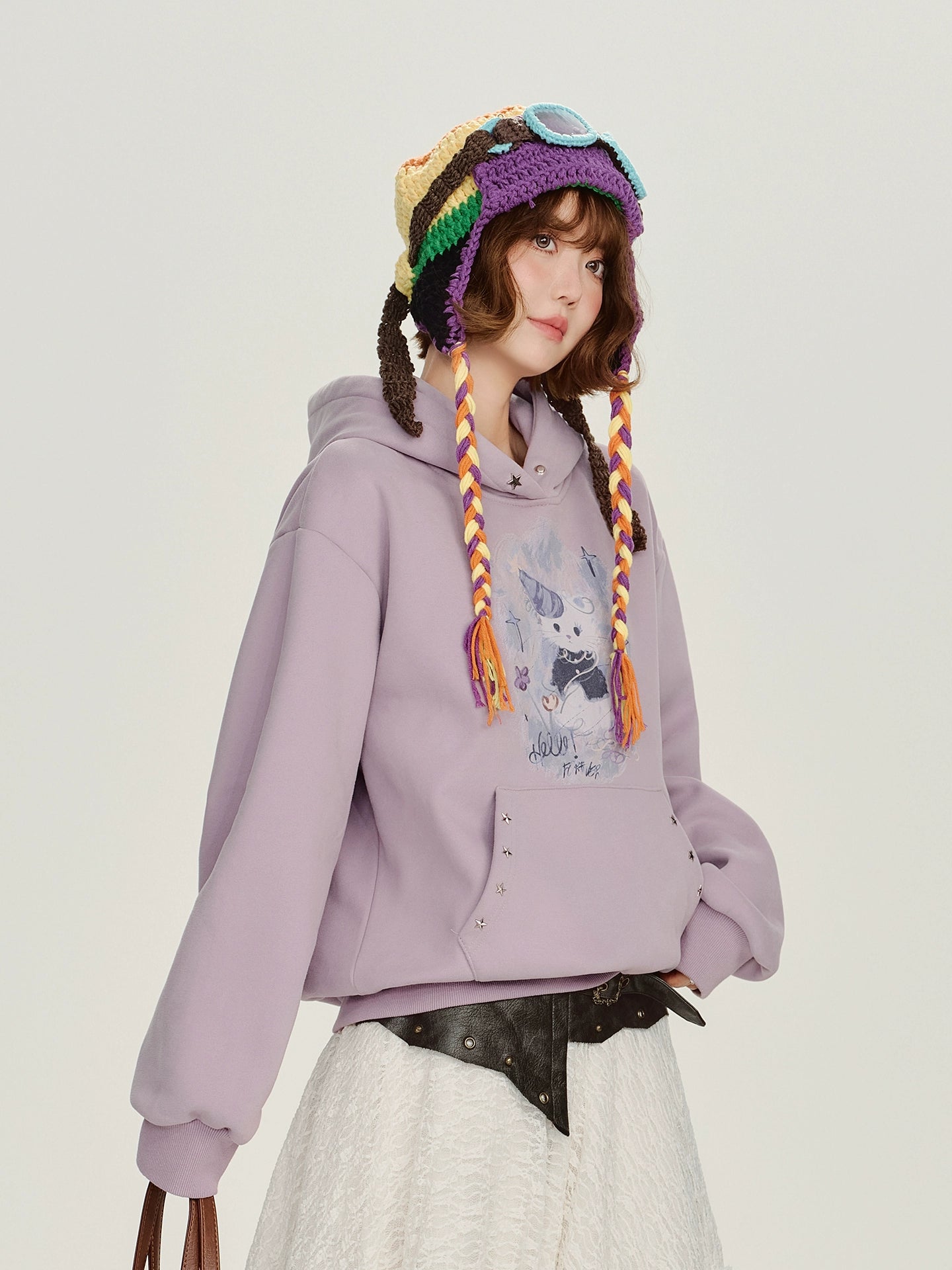 Girlyhalo美式复古印花连帽卫衣女冬季新款加绒保暖慵懒宽松上衣