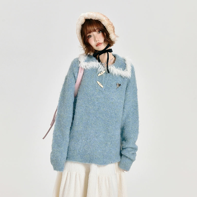 Girlyhalo美式复古polo领毛衣女秋冬新款软糯厚实宽松浅色系上衣