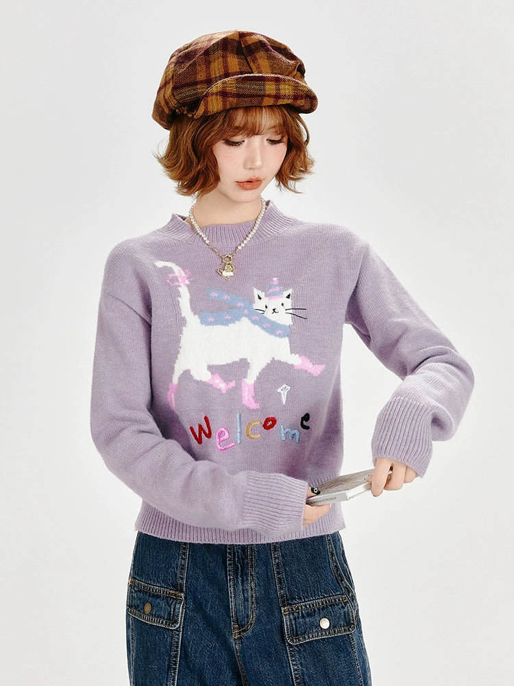 Girlyhalo复古香芋紫卡通小猫圆领套头毛衣女秋冬新款短款针织衫
