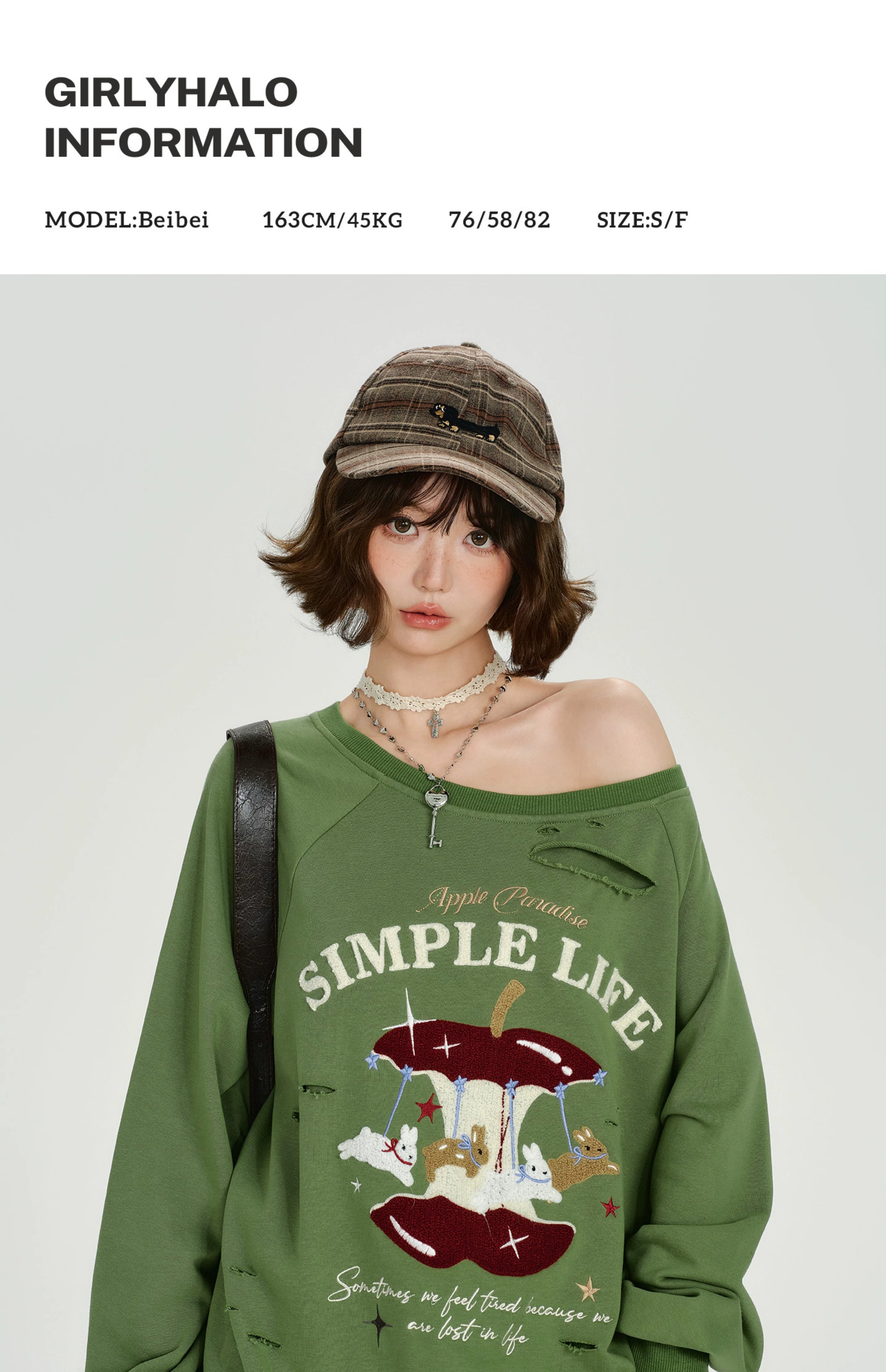 Girlyhalo美式复古毛巾绣破洞斜肩卫衣女秋季新款设计感宽松上衣