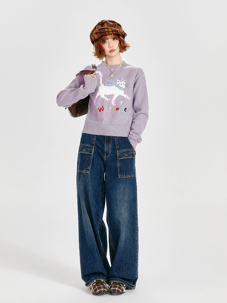 Girlyhalo复古香芋紫卡通小猫圆领套头毛衣女秋冬新款短款针织衫