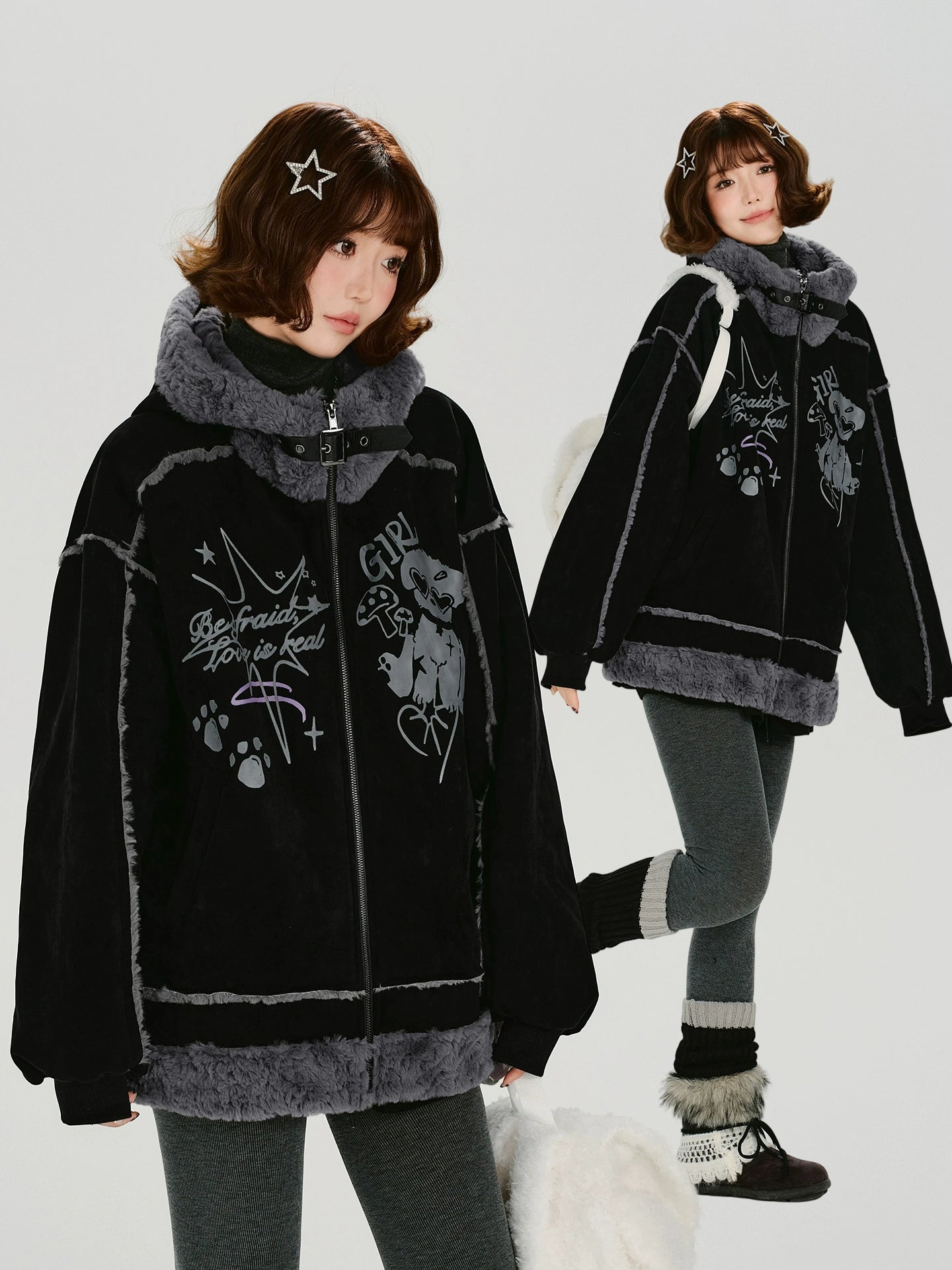 Girlyhalo美式复古印花毛绒麂皮绒外套女冬新款加厚保暖宽松上衣