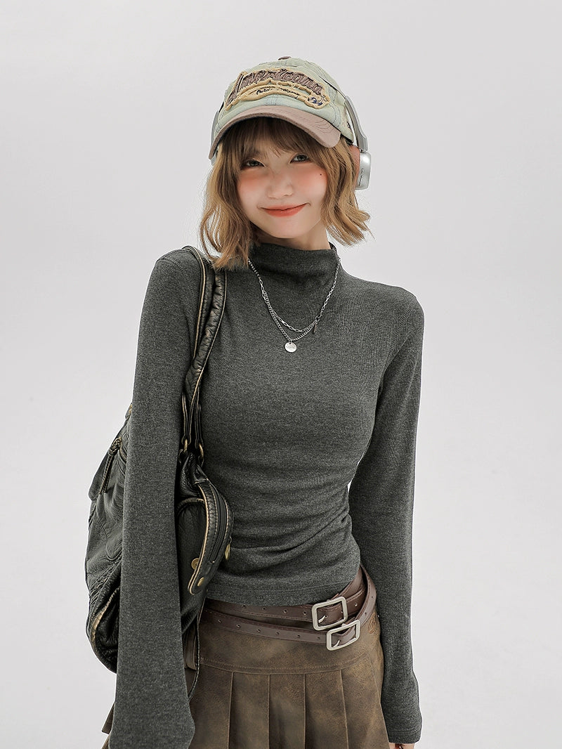 Girlyhalo美式休闲内搭灰色长袖t恤女秋季修身褶皱半高领打底上衣