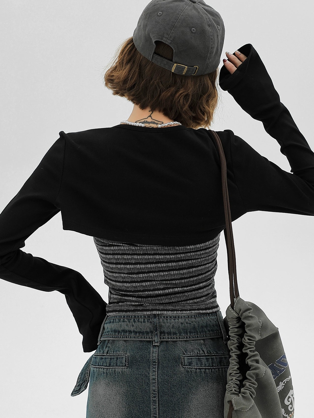 Girlyhalo美式两件套长袖女春季新款甜辣肌理感条纹背心坎肩上衣