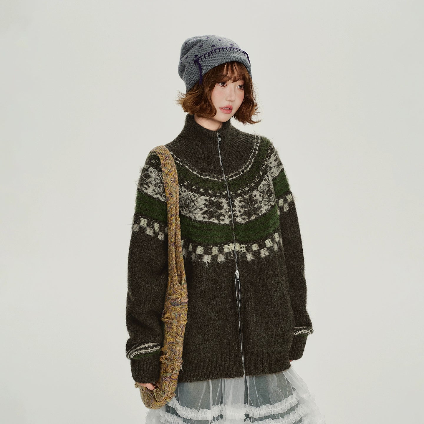 Girlyhalo美式复古费尔岛提花针织外套女冬新款加厚保暖宽松上衣