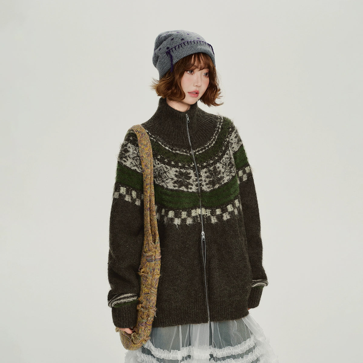 Girlyhalo美式复古费尔岛提花针织外套女冬新款加厚保暖宽松上衣