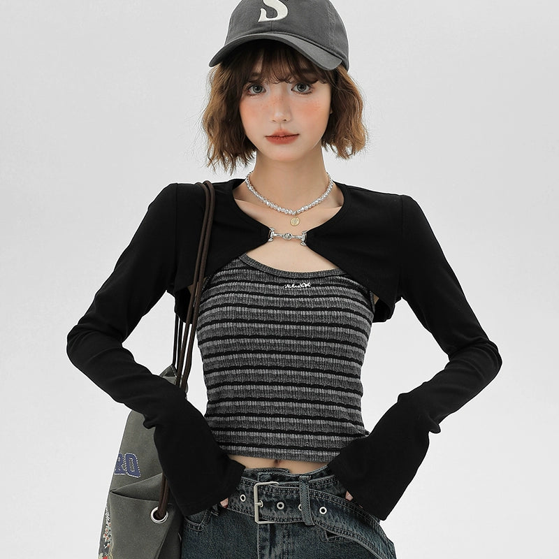 Girlyhalo美式两件套长袖女春季新款甜辣肌理感条纹背心坎肩上衣