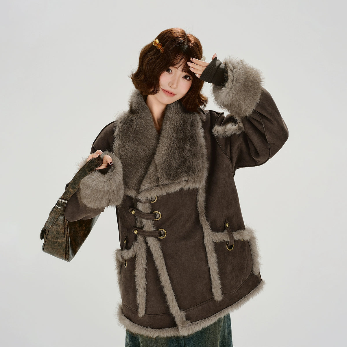 Girlyhalo美式复古大翻领毛绒厚外套女冬季新款加厚保暖宽松上衣