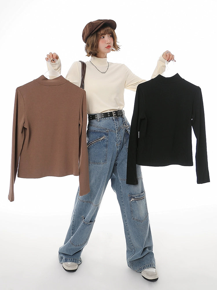 Girlyhalo秋冬加绒针织内搭半高领打底衫女长袖加厚修身显瘦上衣