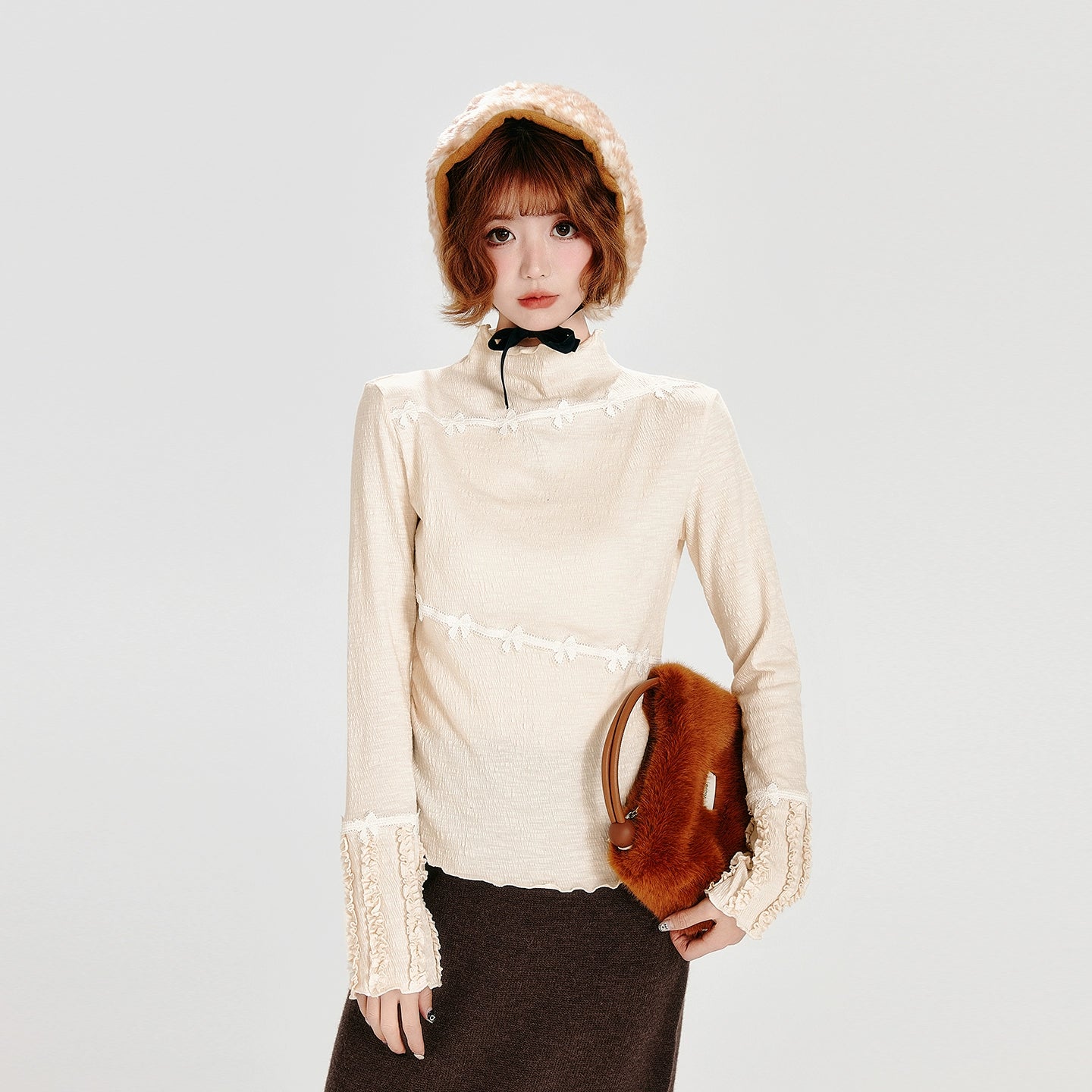 Girlyhalo半高领长袖t恤女春秋新款花边设计感修身显瘦内搭上衣