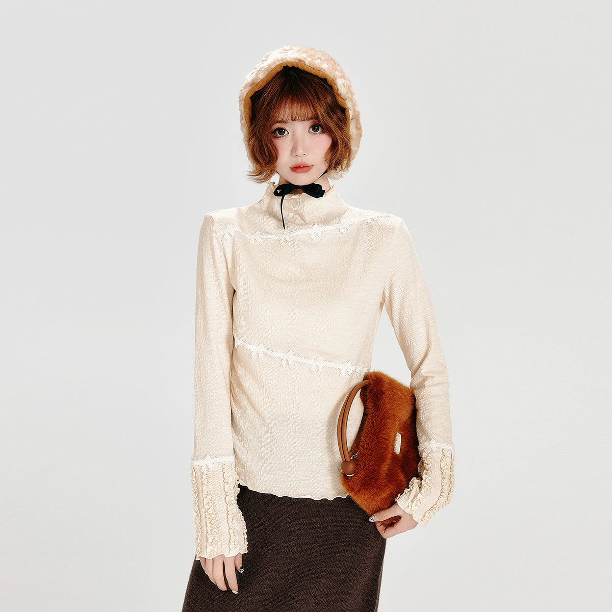 Girlyhalo半高领长袖t恤女春秋新款花边设计感修身显瘦内搭上衣