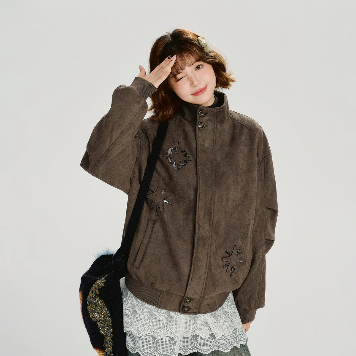 Girlyhalo美式复古立领刺绣夹克外套女冬新款保暖设计感宽松上衣