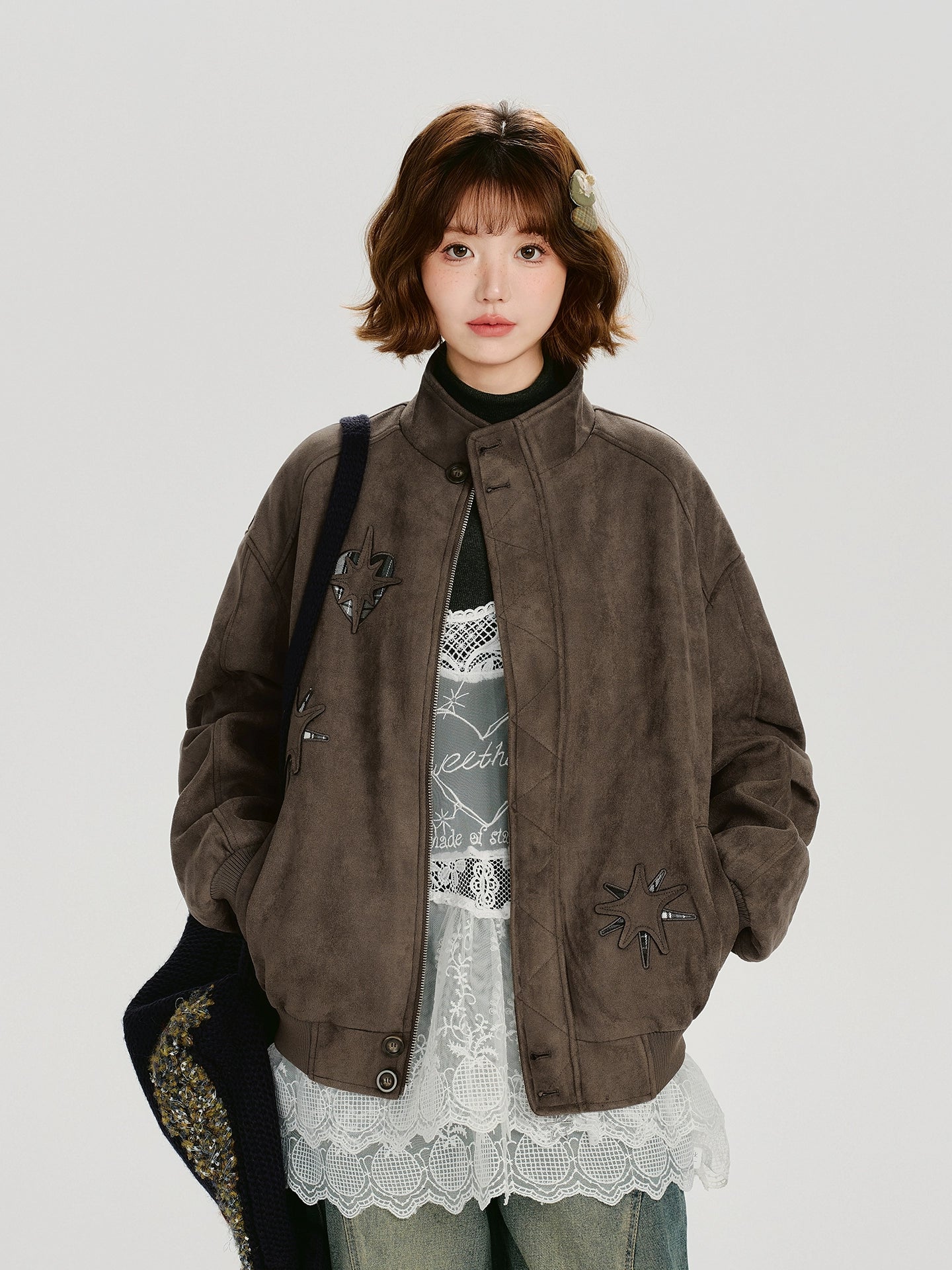 Girlyhalo美式复古立领刺绣夹克外套女冬新款保暖设计感宽松上衣