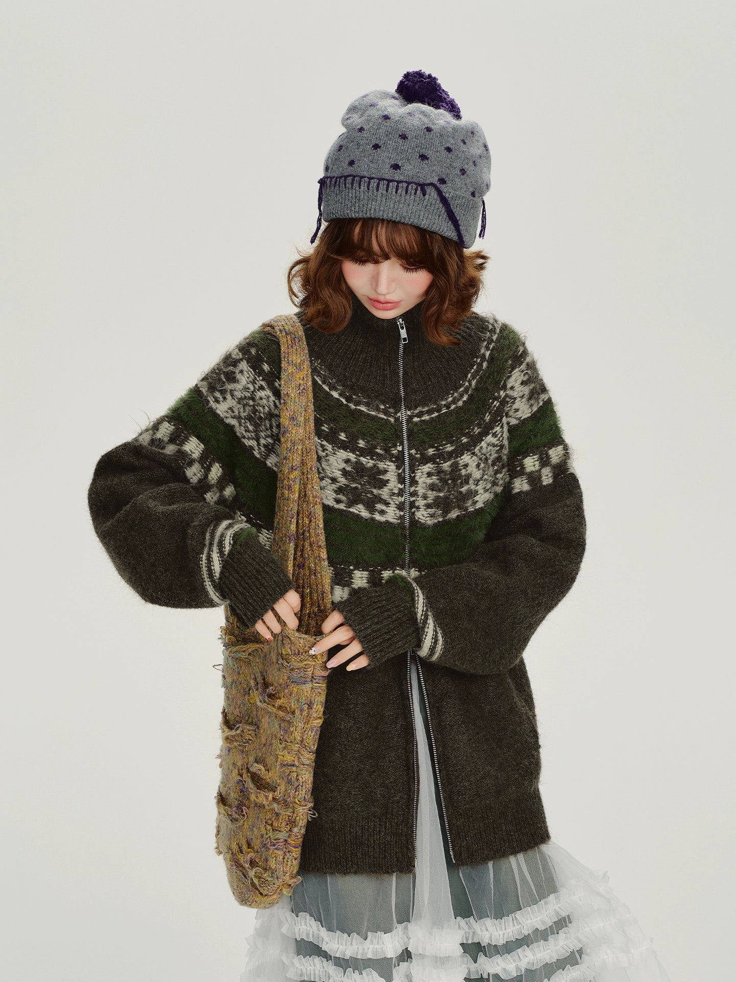 Girlyhalo美式复古费尔岛提花针织外套女冬新款加厚保暖宽松上衣